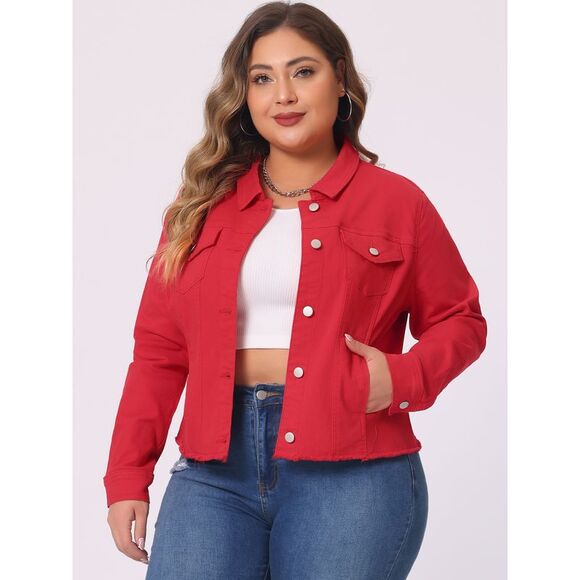 Plus Size Classic Washed Front Frayed Denim Jacket Red - Picture 2 of 5